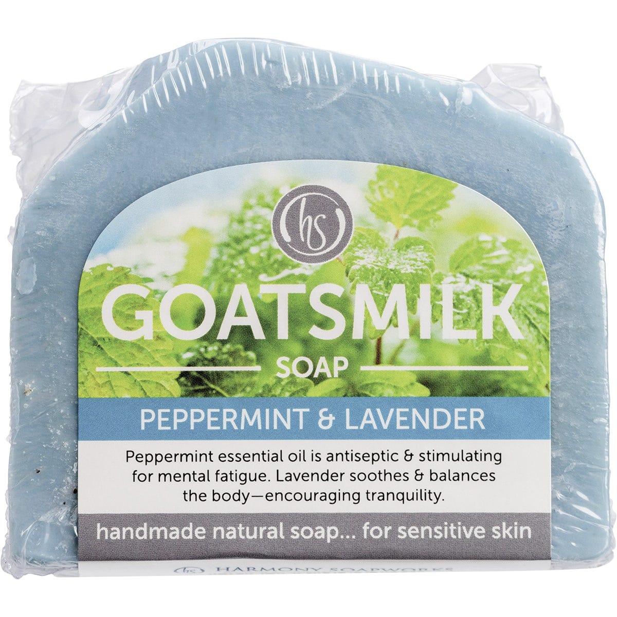 140g bar of Harmony Soapworks Peppermint & Lavender Goat's Milk Soap with a marbled blue and white design.