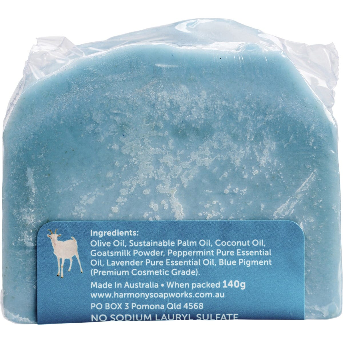 Marbled blue and white Harmony Peppermint and Lavender Goat's Milk Soap bar on a plain white background.