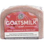 140g bar of Harmony Soapworks Rose Geranium Goat's Milk Soap with red clay on a white background.