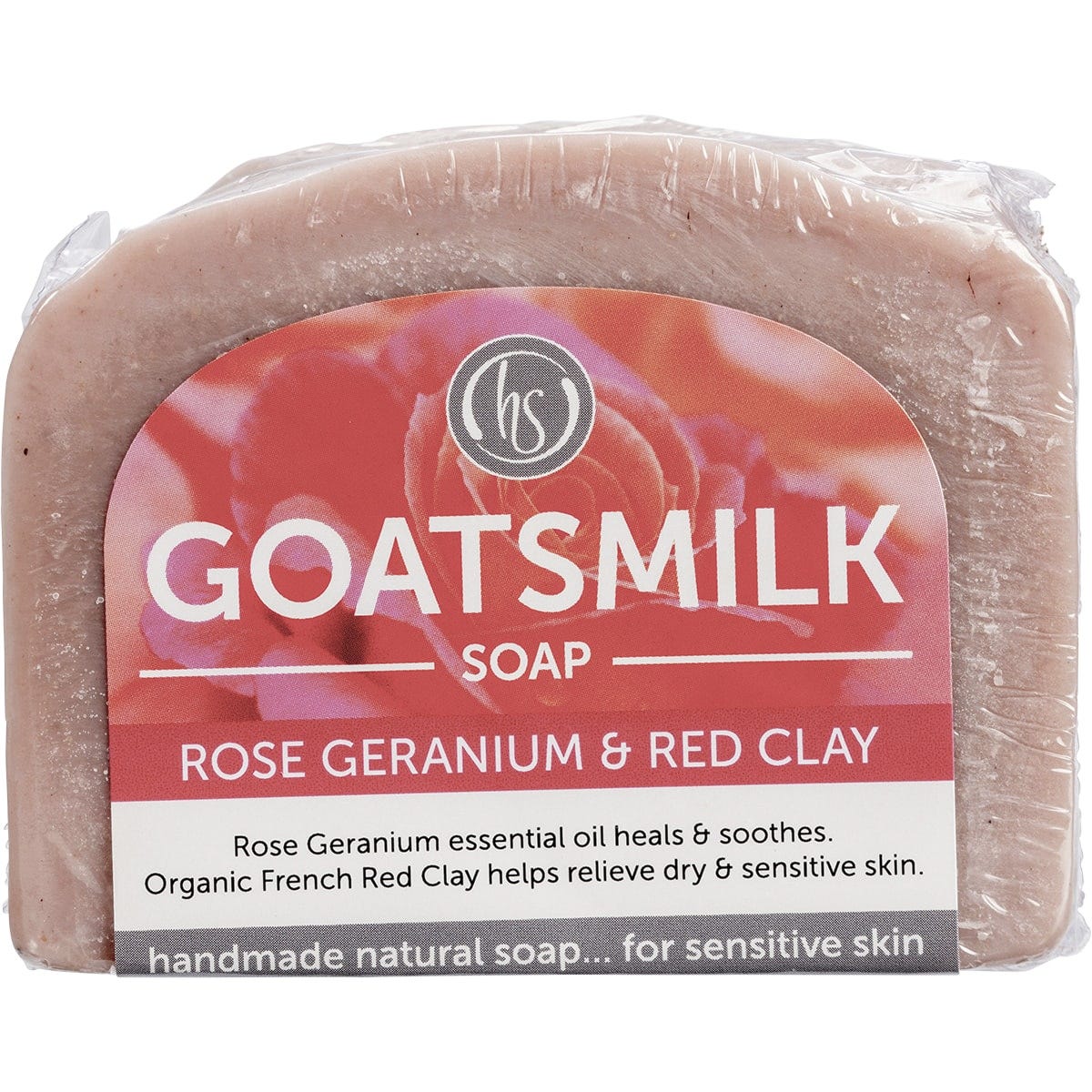 140g bar of Harmony Soapworks Rose Geranium Goat's Milk Soap with red clay on a white background.