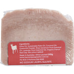 Harmony Soapworks Rose Geranium Goat's Milk Soap 140g bar with red clay on a white background.
