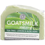 140g bar of Harmony Soapworks Tea Tree & Lemon Goat's Milk Soap with green botanical illustrations on a white label.