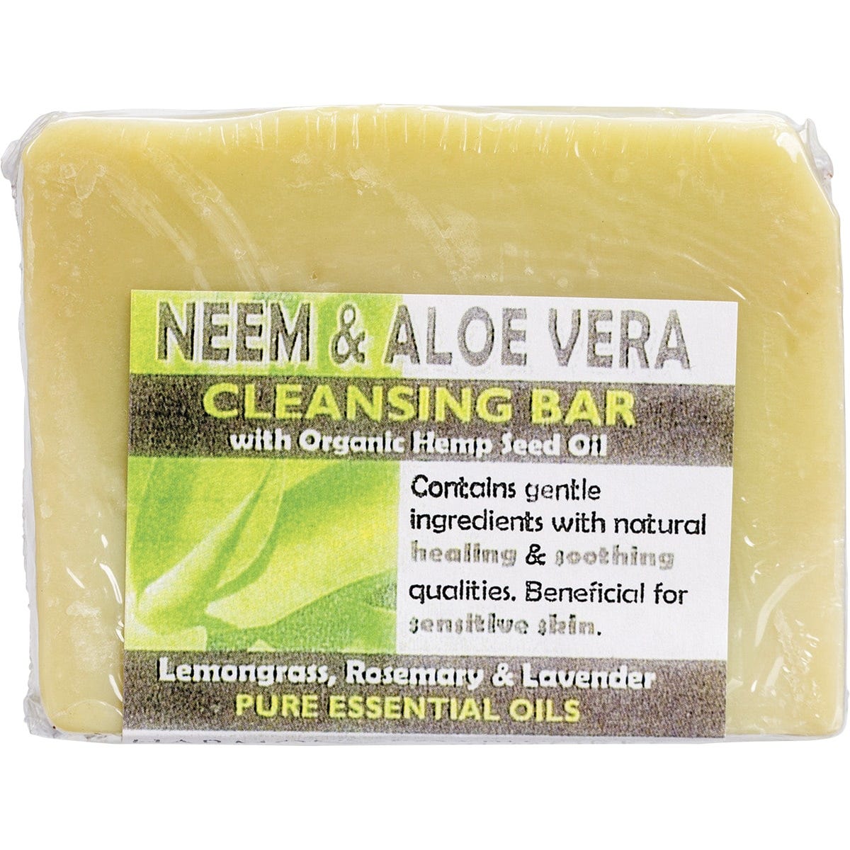 Cream and green marbled 140g bar of Harmony Soapworks Neem and Aloe Vera cleansing soap with botanical illustrations.