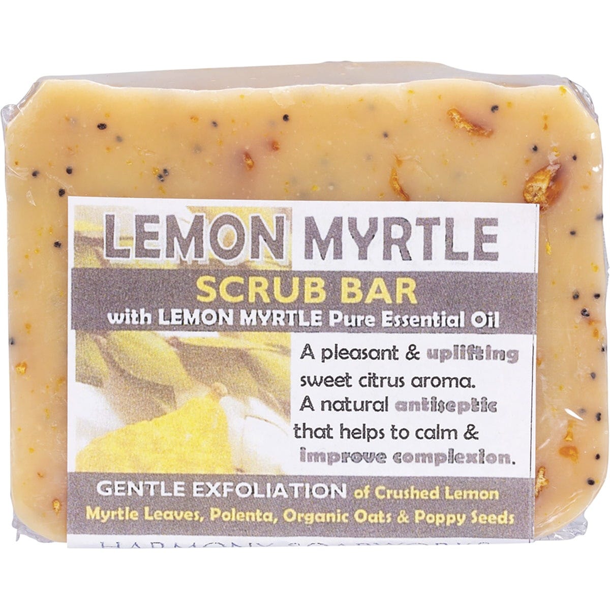 140g bar of Harmony Soapworks Lemon Myrtle Soap Scrub with organic oats and poppy seeds on a white background.