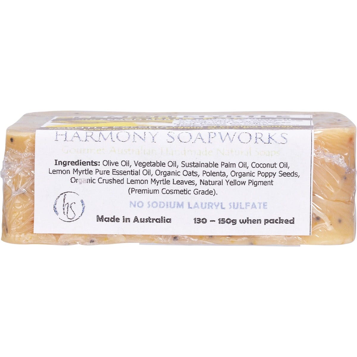 Harmony Soapworks Lemon Myrtle Soap Scrub bar with textured oats and poppy seeds on a white background.