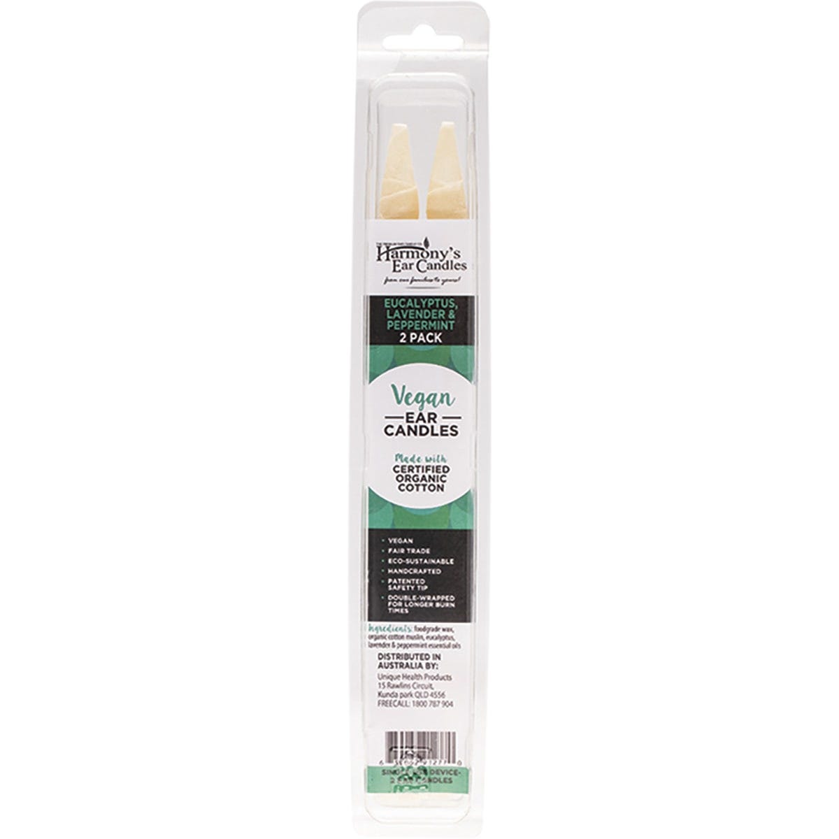 Harmony's 2-pack of vegan eucalyptus, lavender, and peppermint ear candles made with organic cotton and plant-based wax.