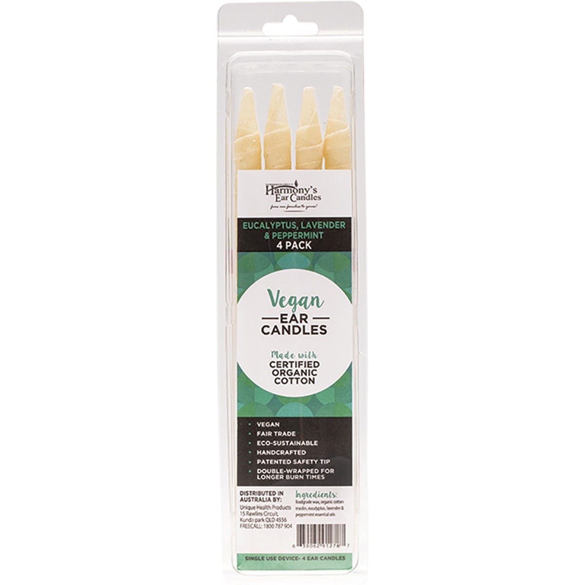 Harmony's 4-pack of vegan eucalyptus, lavender, and peppermint ear candles with organic cotton on a white background.