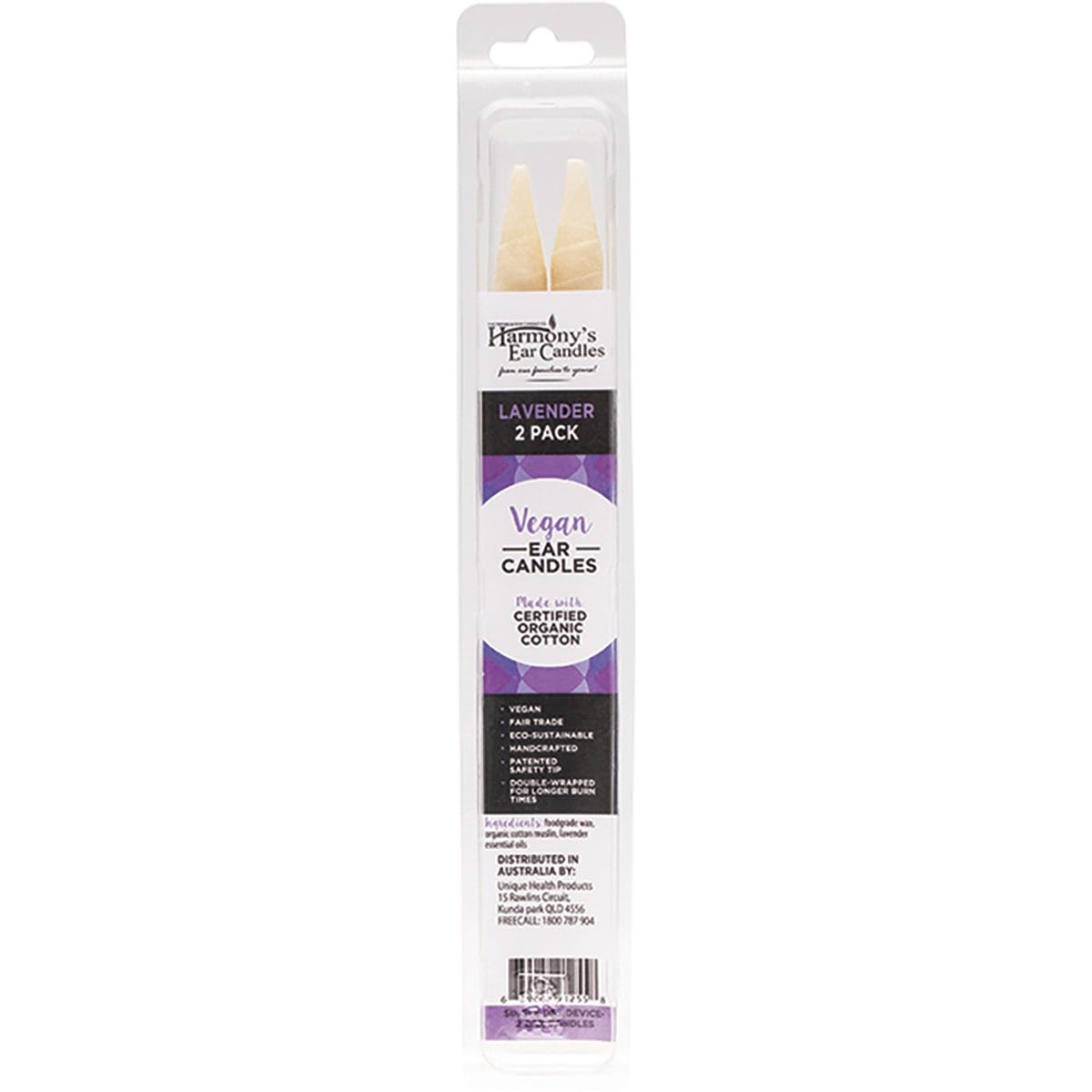 Two pack of lavender-scented vegan ear candles made with organic cotton and plant wax on a white background.