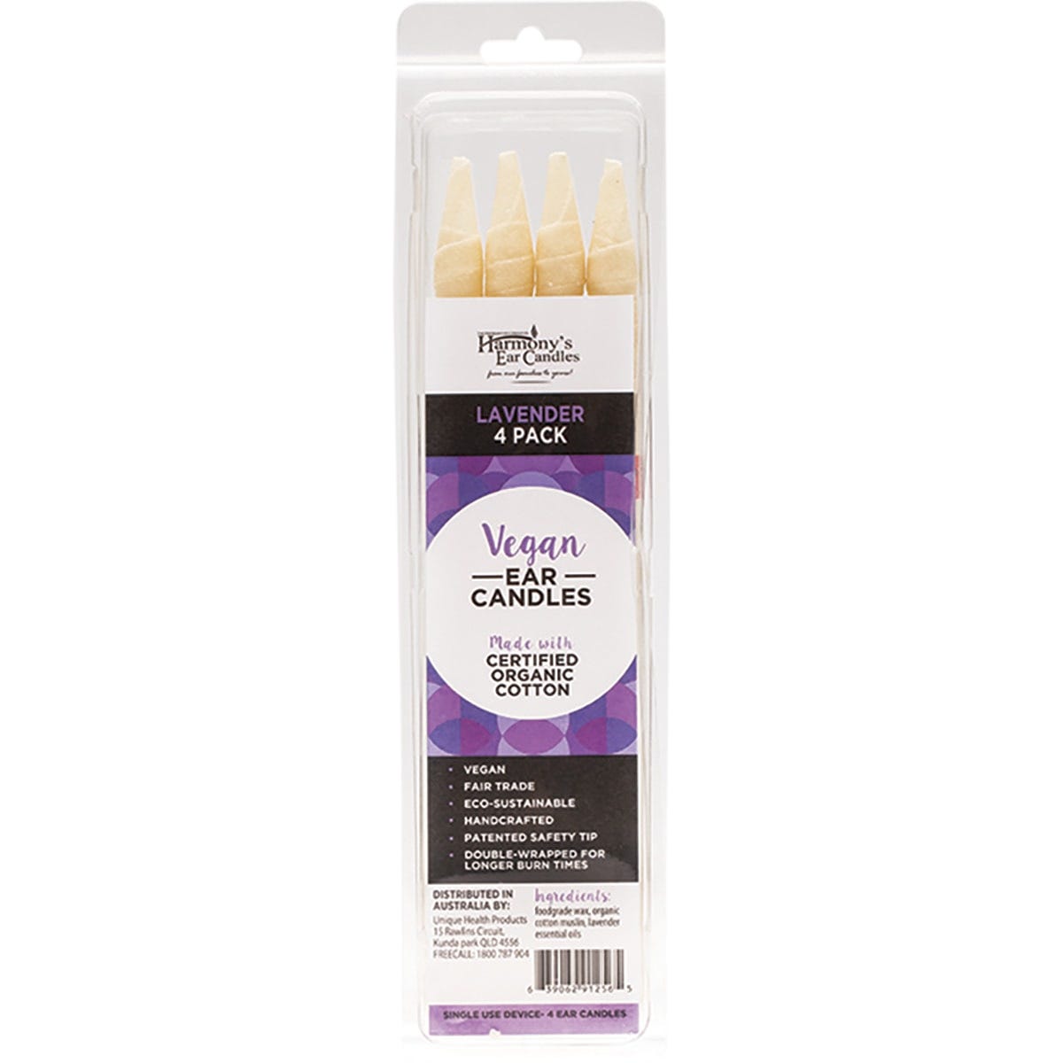 Four lavender-scented vegan ear candles in a 4-pack box with a purple floral design.
