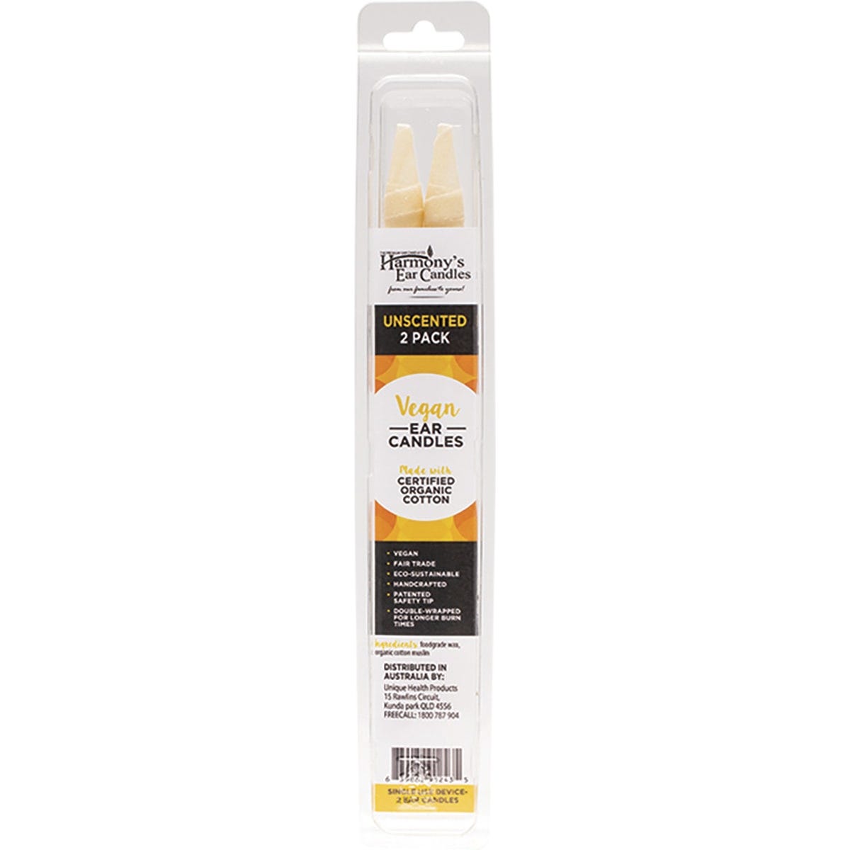 Harmony's Vegan Ear Candles unscented 2-pack in a tan box with blue and green accents on a white background.