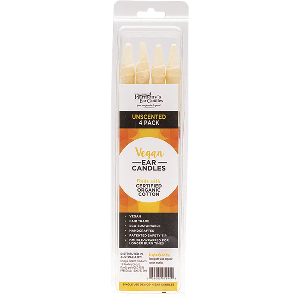 4 pack of unscented Harmony's Vegan Ear Candles made with organic cotton and food grade wax on a white background.