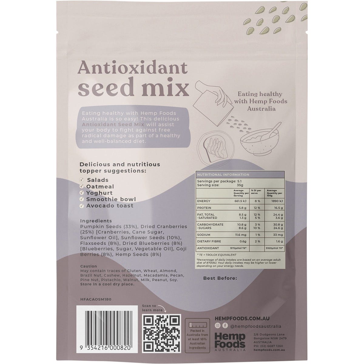Hemp Foods Australia Antioxidant Seed Mix 180g bag with a mixture of seeds and dried berries on a white background.