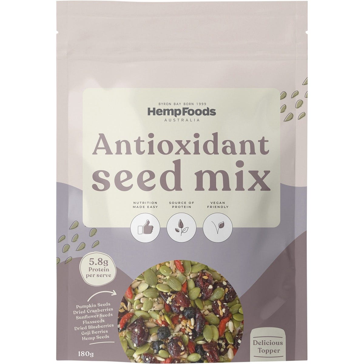 Pack of five 180g bags of Hemp Foods Australia Antioxidant Seed Mix with pumpkin seeds and dried berries.