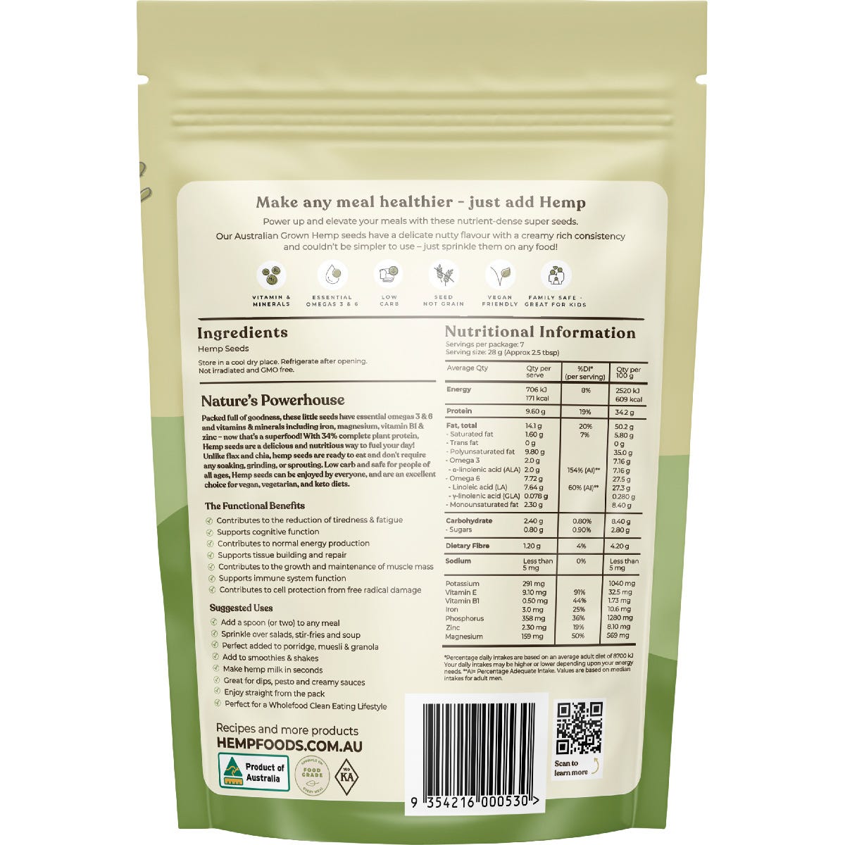 Hemp Foods Australia Australian Hulled Hemp Seeds 200g bag with a green and white label on a white background.
