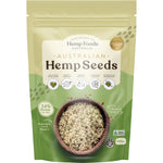 Pack of eight 200g bags of Hemp Foods Australia Australian Hulled Hemp Seeds featuring a green and white label.