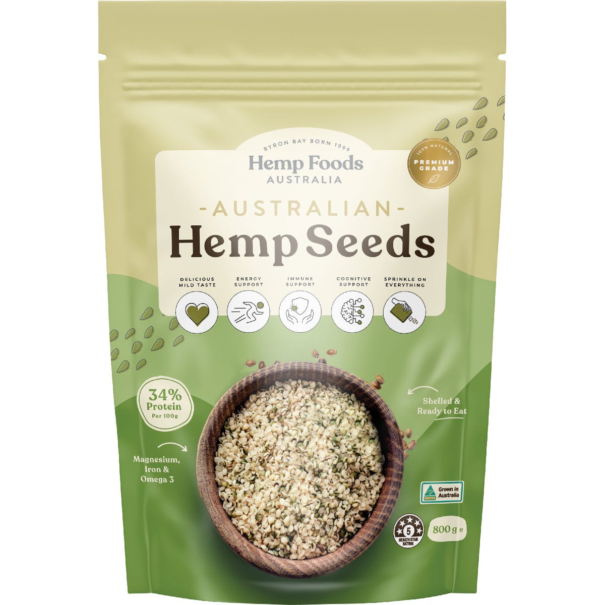 800g bag of Hemp Foods Australia Australian Hemp Seeds Hulled on a white background.