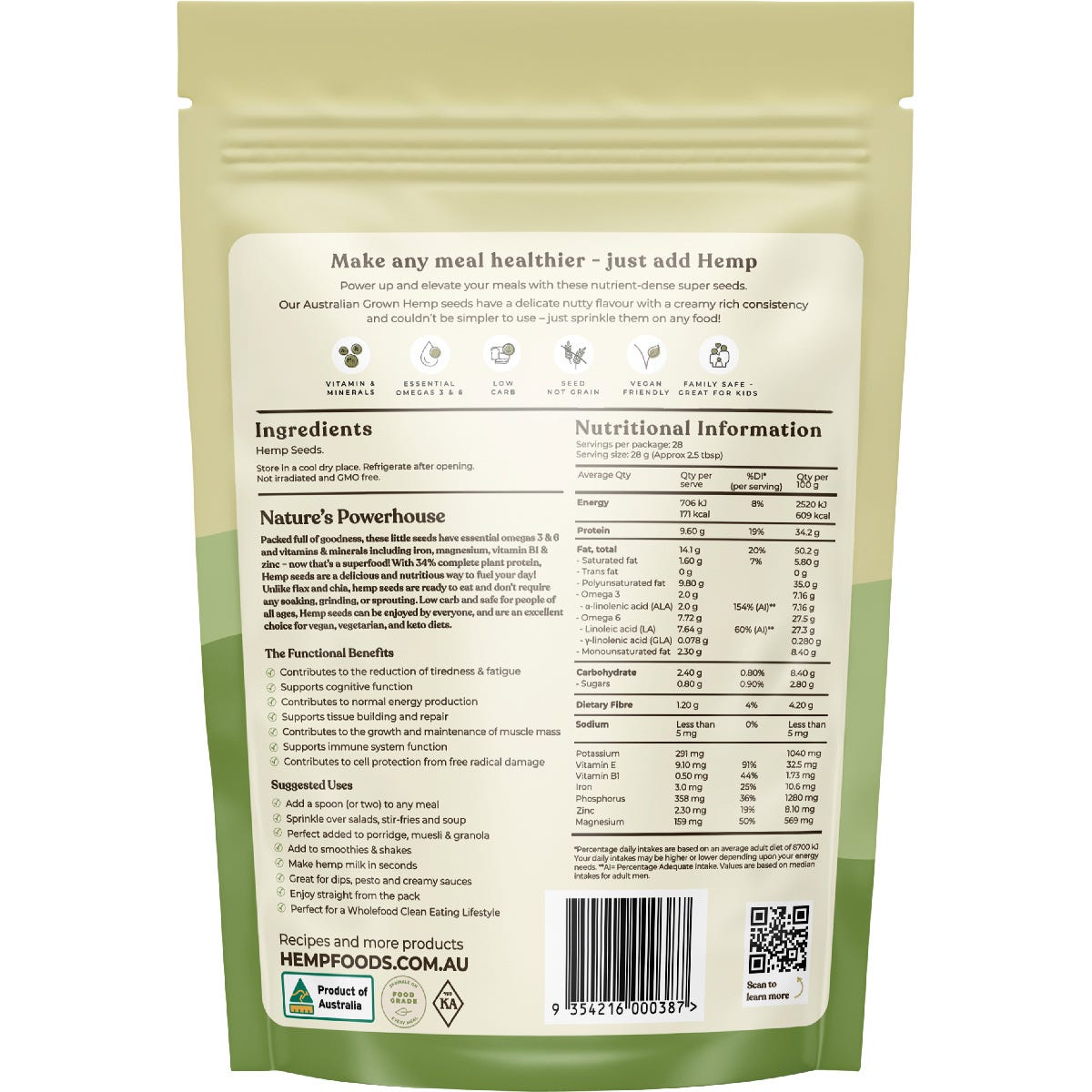 800g bag of Hemp Foods Australia Australian Hulled Hemp Seeds showing the back of the packaging with nutritional information.