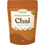 100g bag of Hemp Foods Australia Chai Recharge and Immunity blend with hemp protein and 7 spices on a white background.