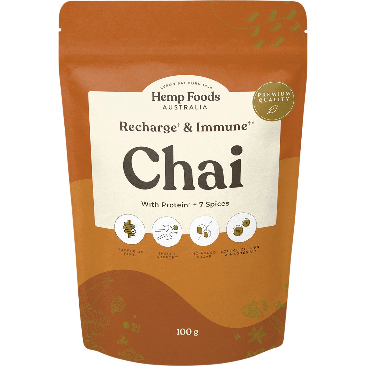 100g bag of Hemp Foods Australia Chai Recharge and Immunity blend with hemp protein and 7 spices on a white background.