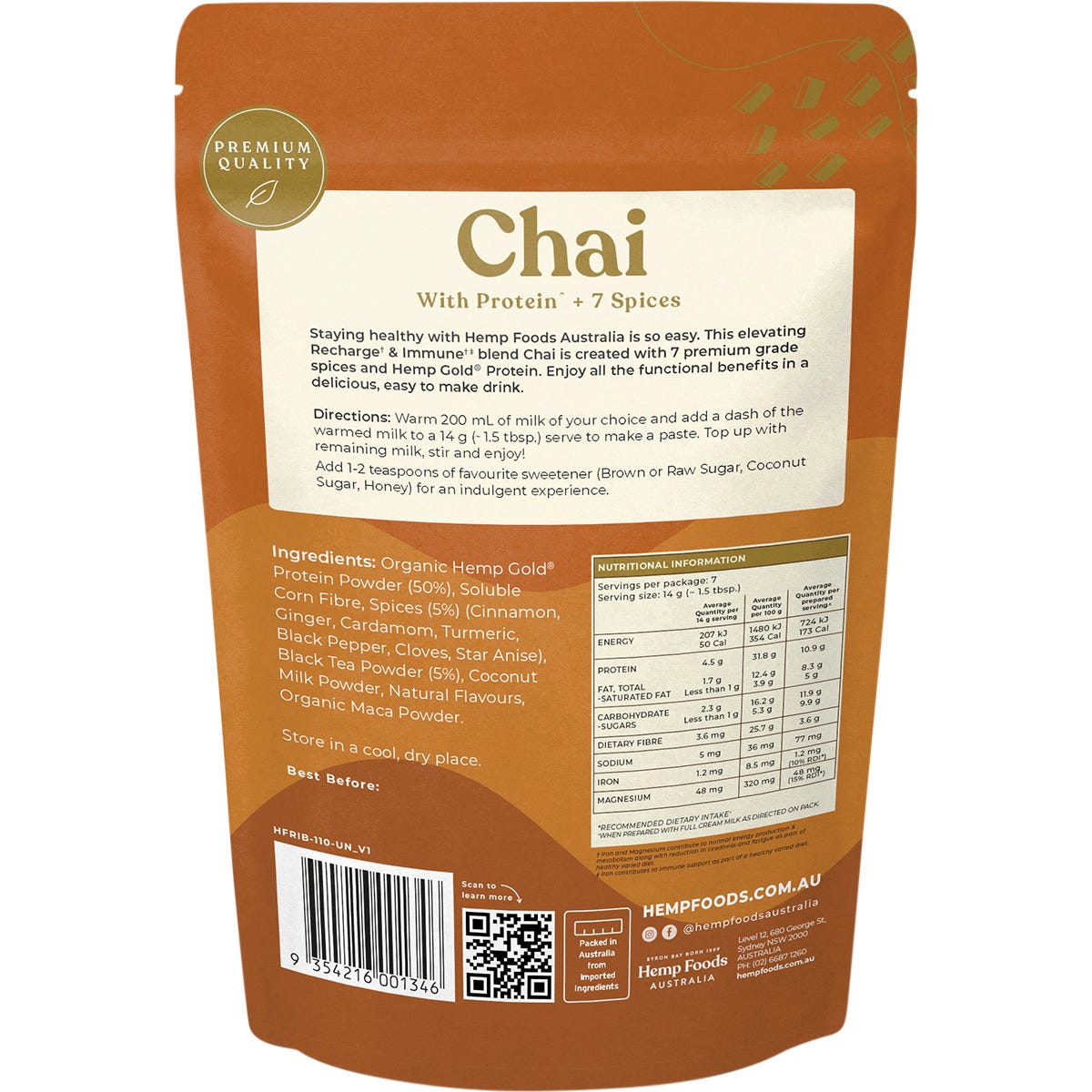 Hemp Foods Australia 100g bag of Chai Recharge and Immunity blend featuring hemp protein and 7 spices.