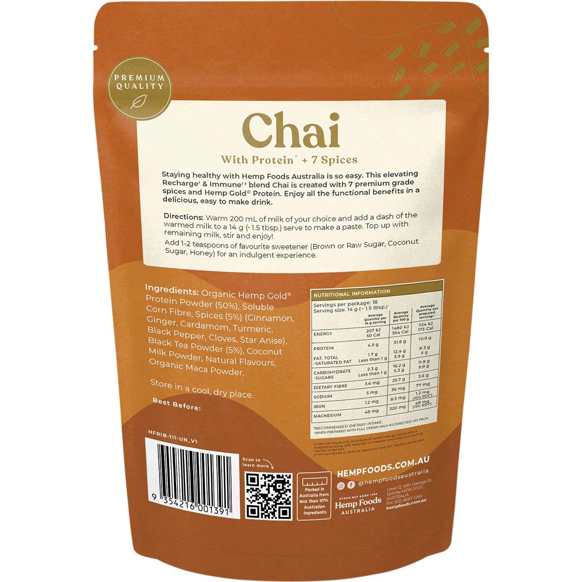 252g pouch of Hemp Foods Australia Chai Recharge & Immunity blend on a white background.