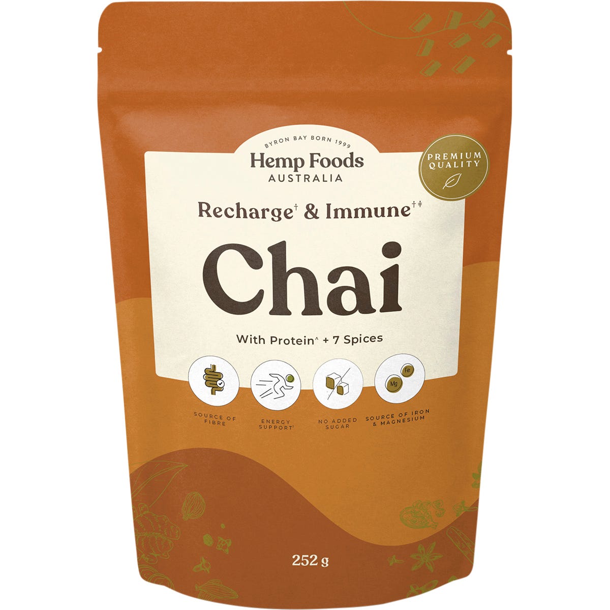 252g pouch of Hemp Foods Australia Chai Recharge and Immunity blend with Hemp Gold protein and seven spices.