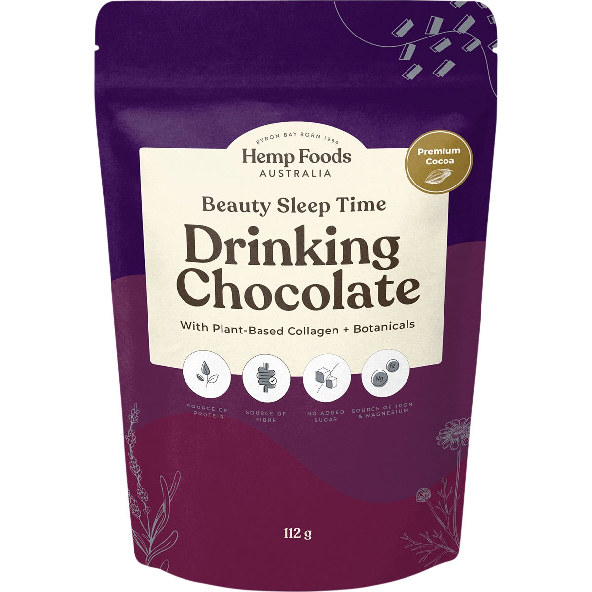 112g pouch of Hemp Foods Australia Beauty Sleep Time drinking chocolate with plant-based collagen and botanicals.