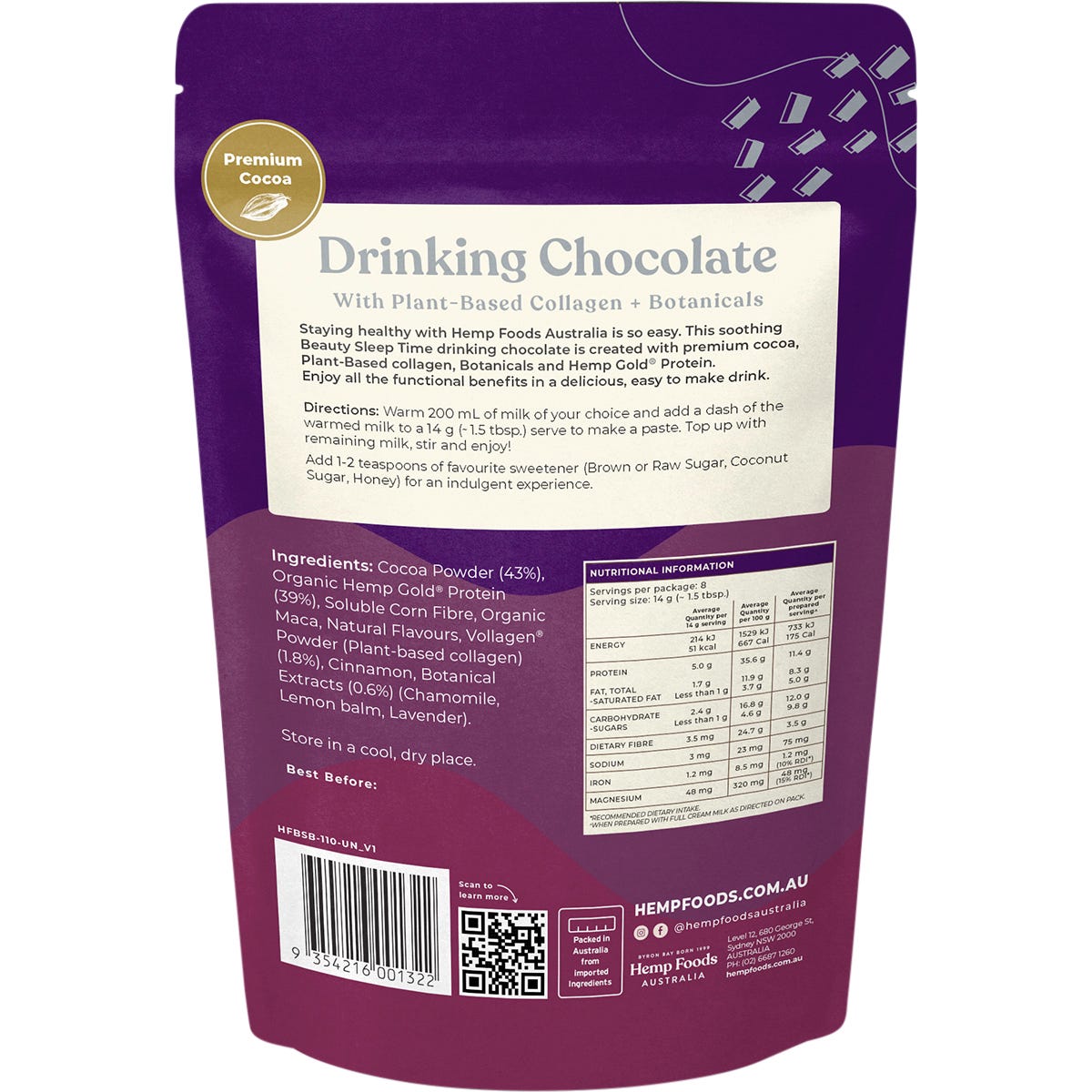 Hemp Foods Australia Beauty Sleep Time 112g pouch featuring plant-based collagen and hemp protein on a white background.