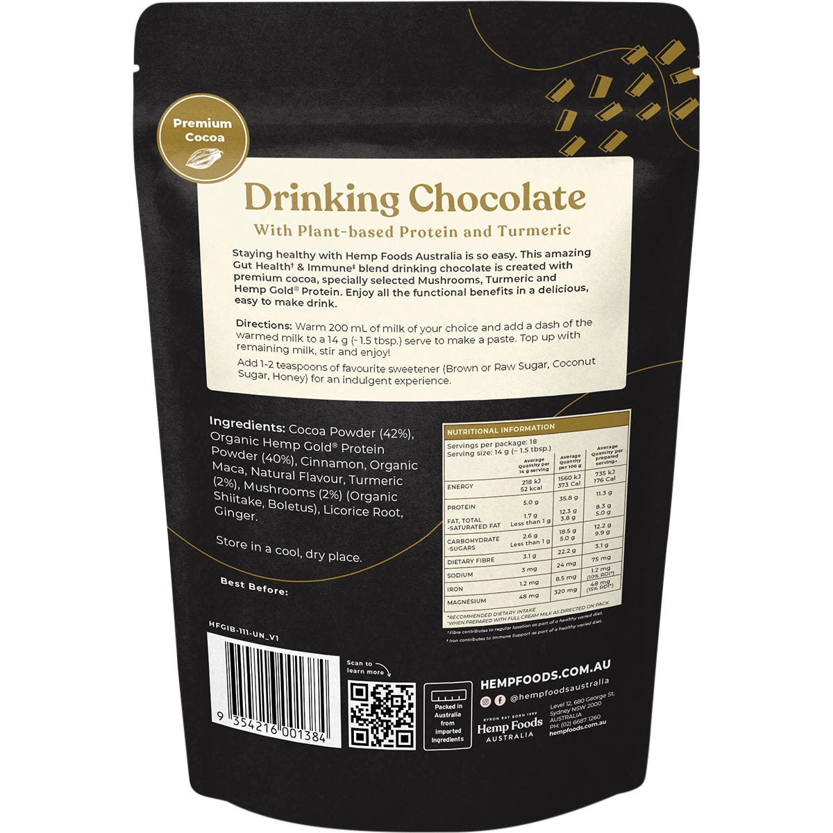 Hemp Foods Australia Drinking Chocolate Gut Health & Immune 252g Payless 4 Organics