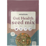 Five 180g bags of Hemp Foods Australia Gut Health Seed Mix with apricots and pumpkin seeds on a white background.