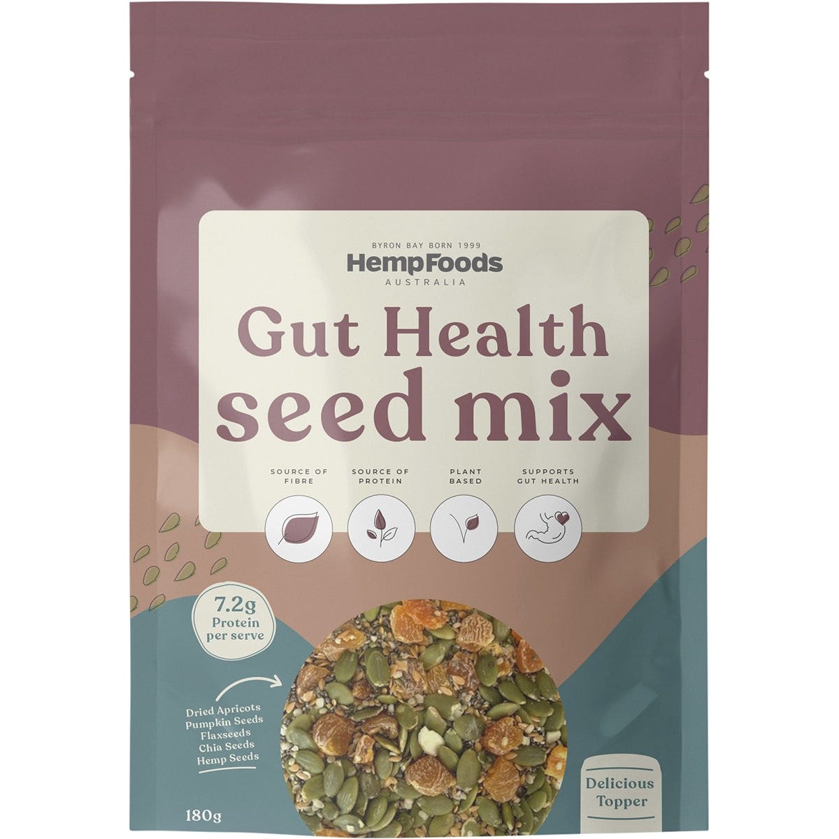 Five 180g bags of Hemp Foods Australia Gut Health Seed Mix with apricots and pumpkin seeds on a white background.