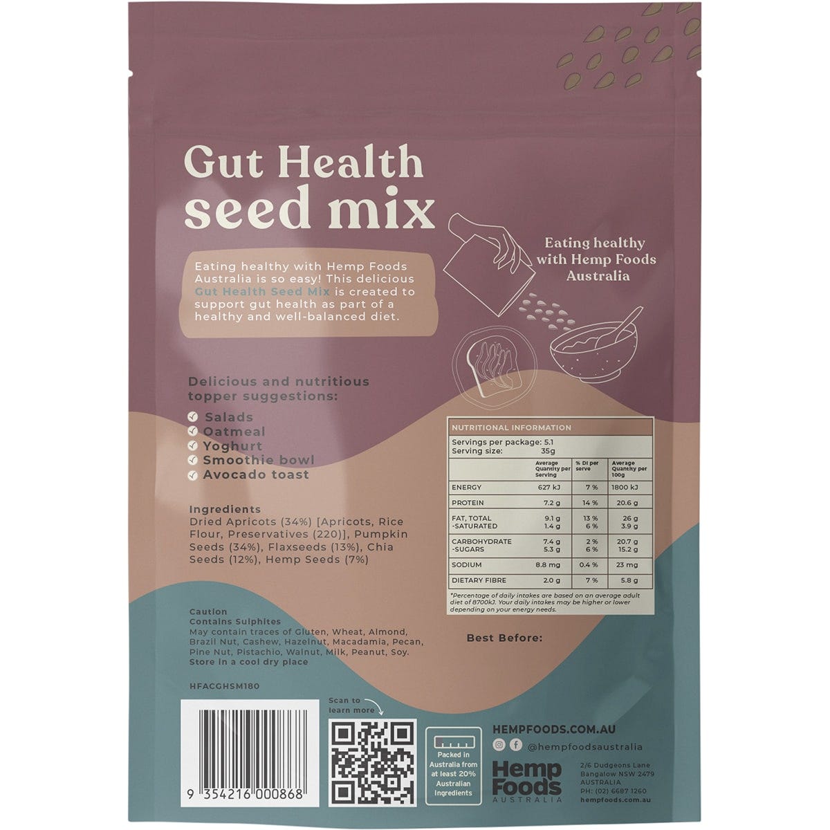 Hemp Foods Australia Gut Health Seed Mix 180g (Pack of 5) Payless 4 Organics