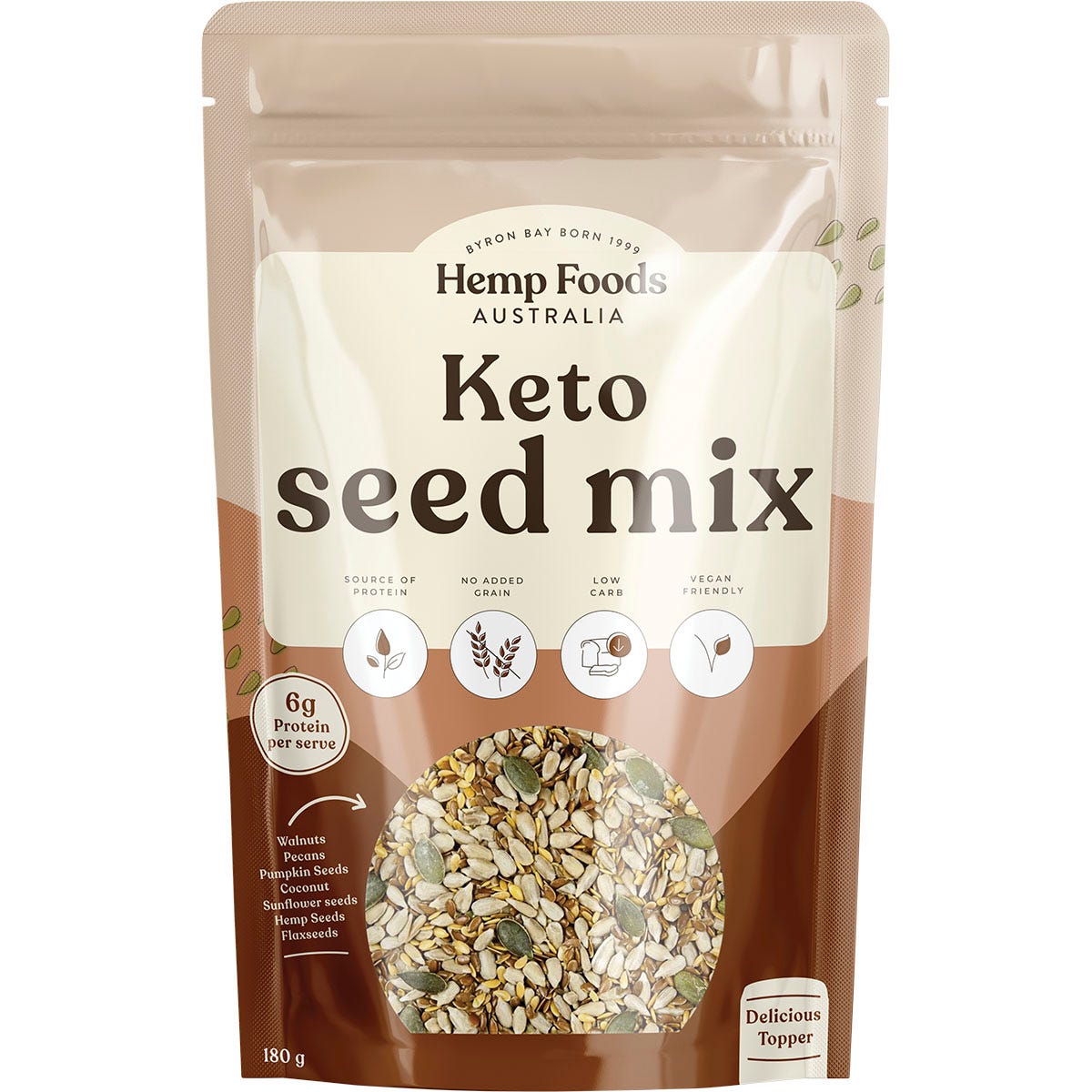 Hemp Foods Australia Keto Seed Mix 180g pack of 5, featuring a keto-friendly nut and seed blend on a white background.