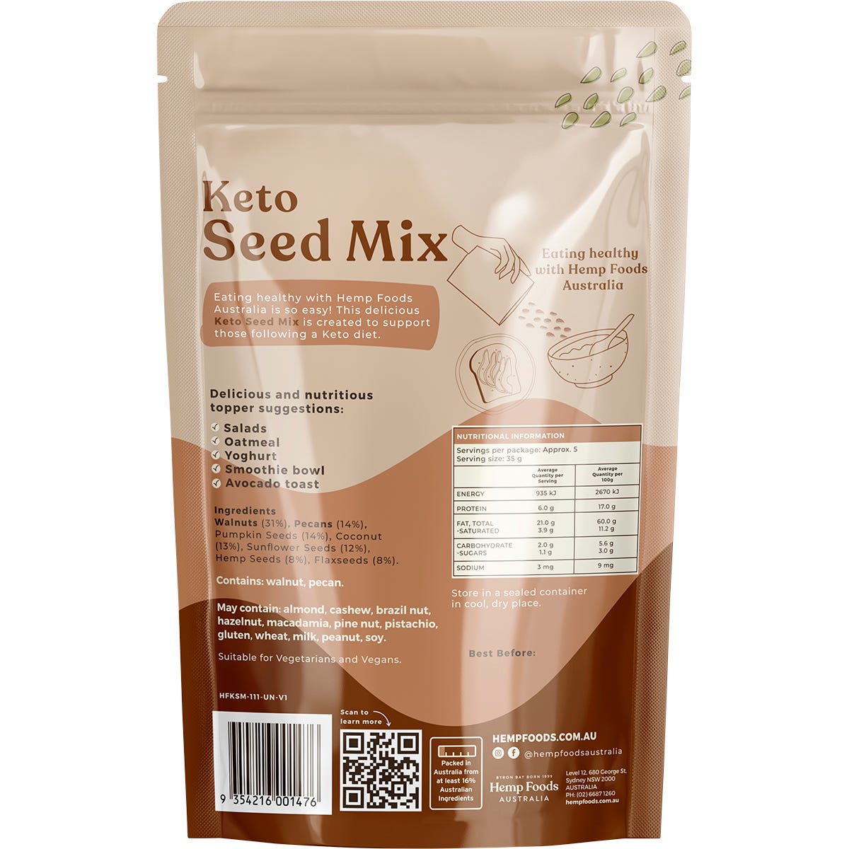 Hemp Foods Australia Keto Seed Mix 180g bag featuring a blend of walnuts, pecans, and coconut flakes.