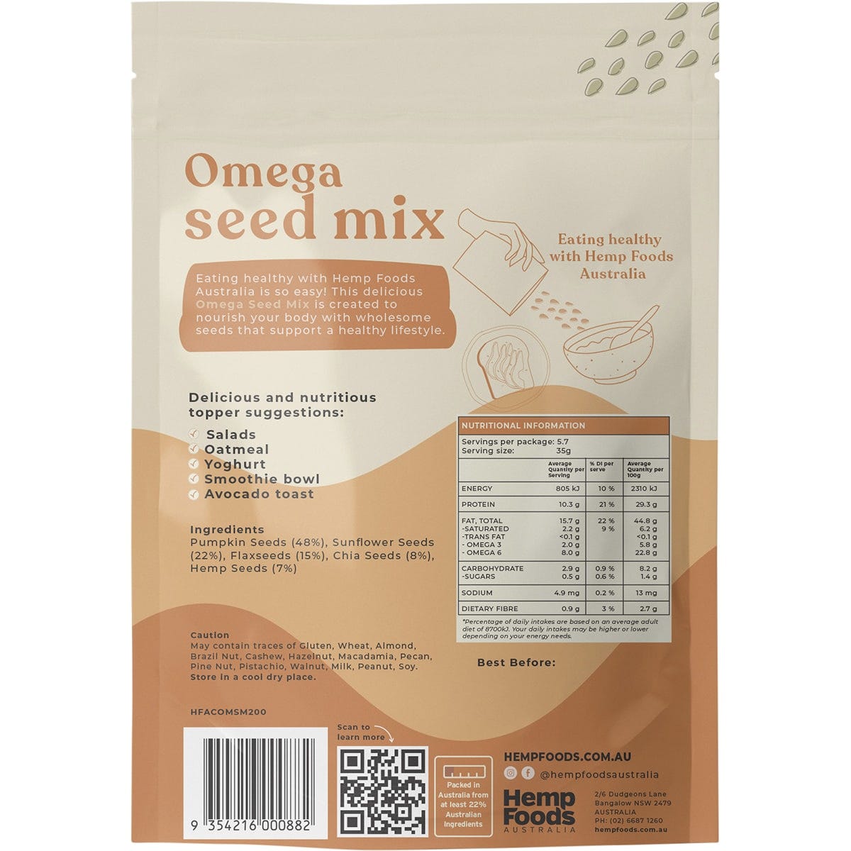 Hemp Foods Australia Omega Seed Mix 200g pouch showing pumpkin, sunflower, flax, chia, and hemp seeds.