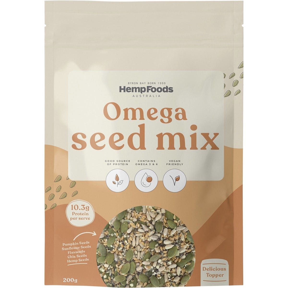 Five 200g pouches of Hemp Foods Australia Omega Seed Mix featuring a blend of pumpkin, sunflower, and chia seeds.