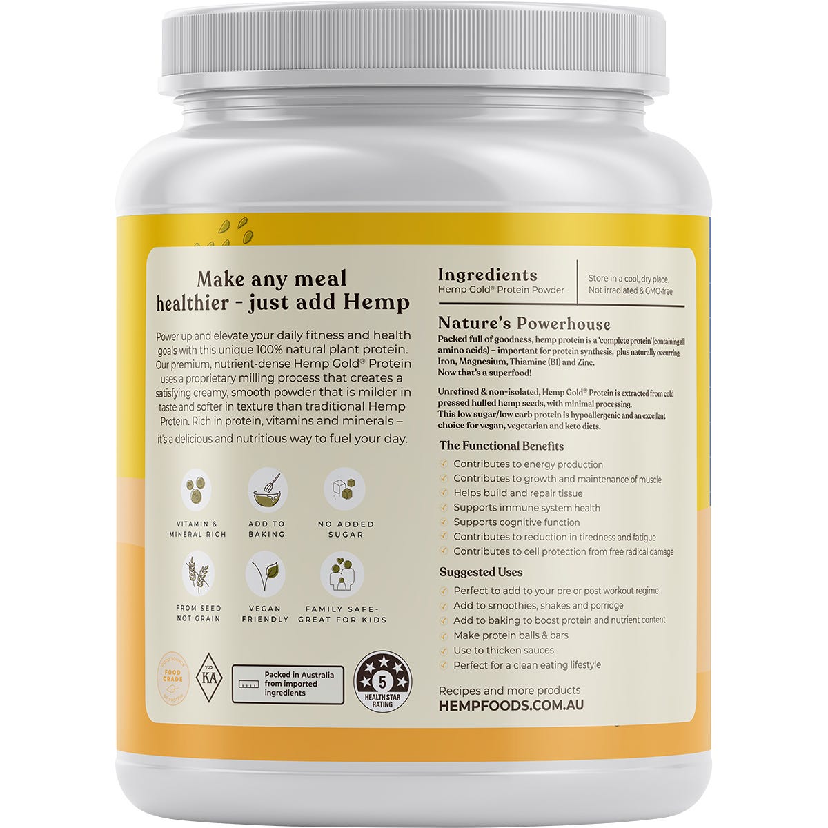 Back of 1.5kg Hemp Gold Protein bag showing nutrition facts, amino acid profile, and organic certifications.
