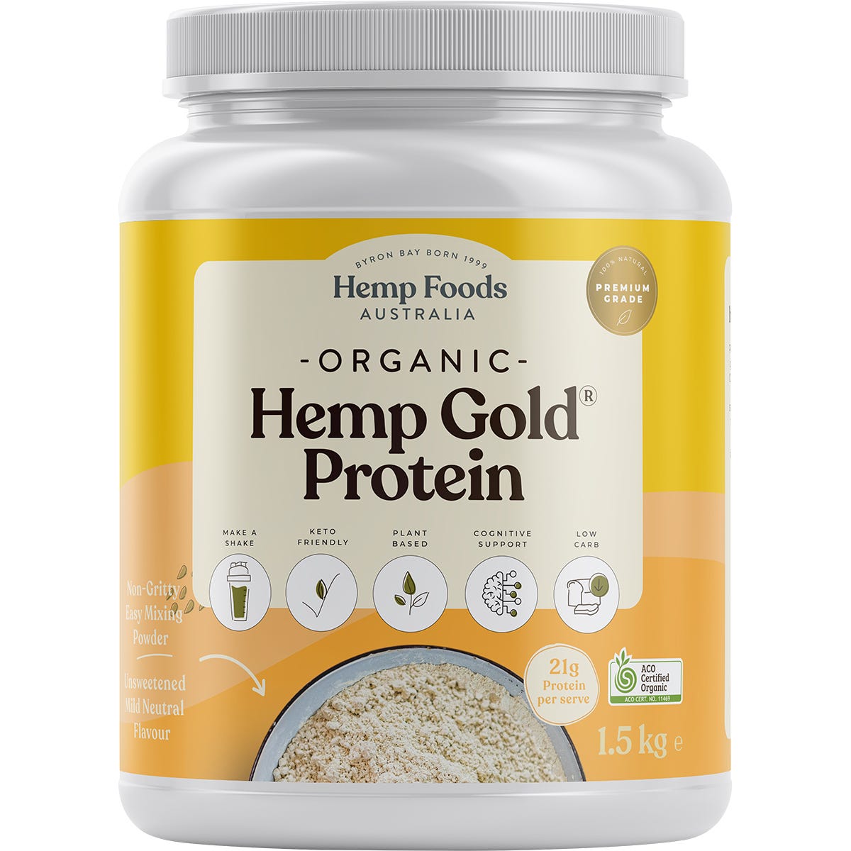 1.5kg bag of Hemp Foods Australia Organic Hemp Gold Protein featuring a clean white, green, and gold label.