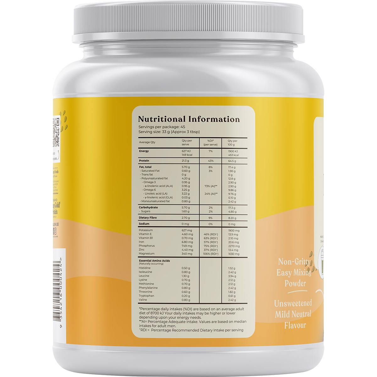 Side view of a 1.5kg bag of Hemp Foods Australia Organic Hemp Gold Protein with a green and white label.