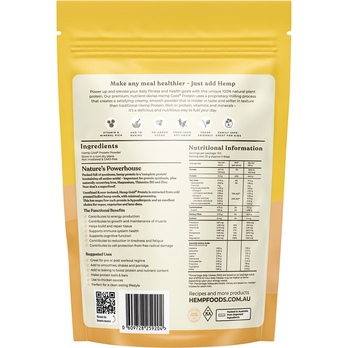 Hemp Foods Australia Organic Hemp Gold Protein Contains Omega 3, 6 & 9 450g Payless 4 Organics