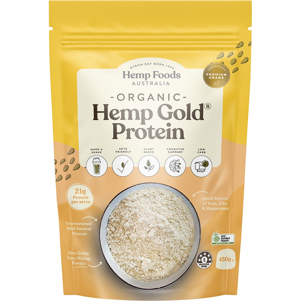 450g bag of Hemp Foods Australia Organic Hemp Gold Protein with Omega 3, 6 & 9 and 60% protein labels.