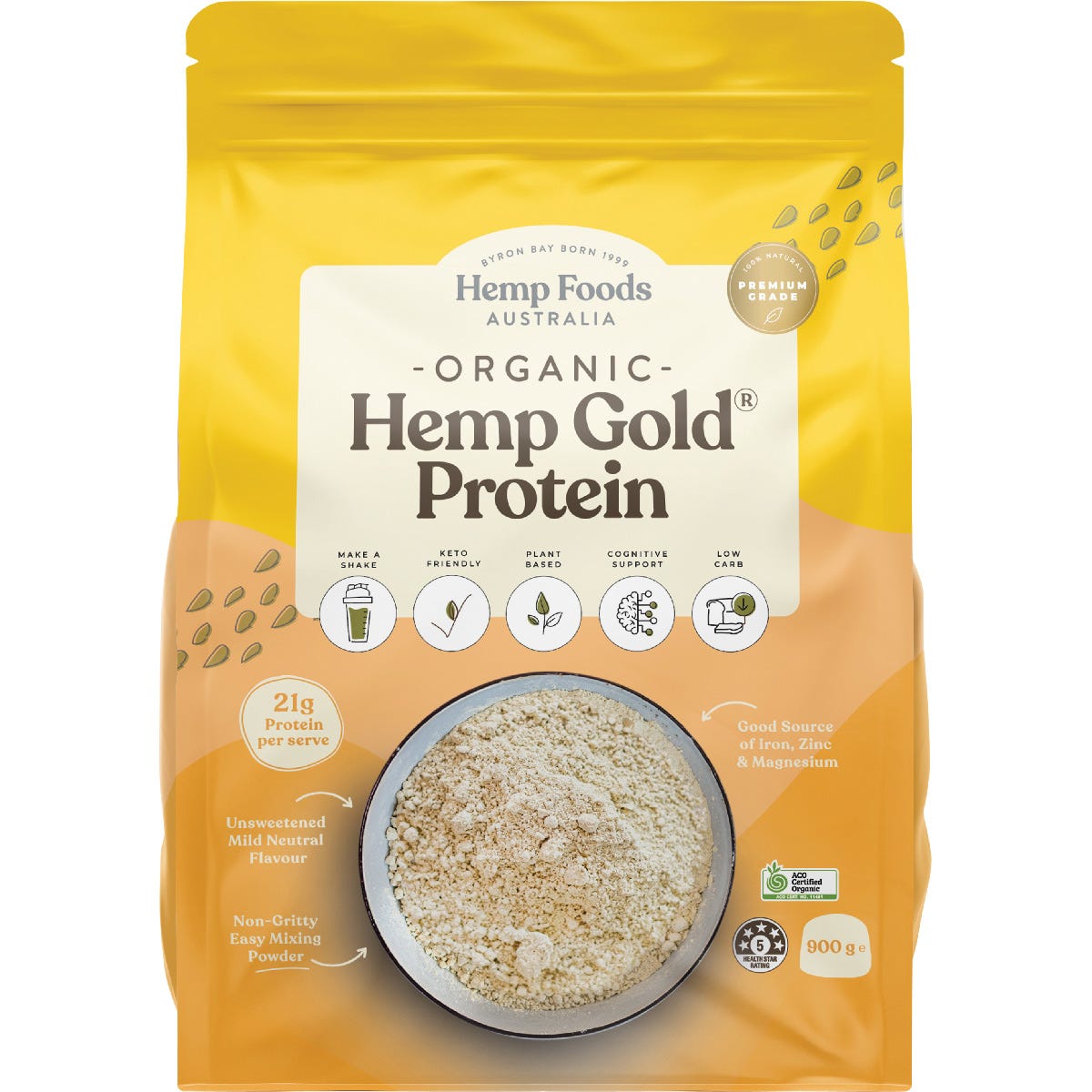900g bag of Hemp Foods Australia Organic Hemp Gold Protein with Omega 3, 6, and 9 on a white background.