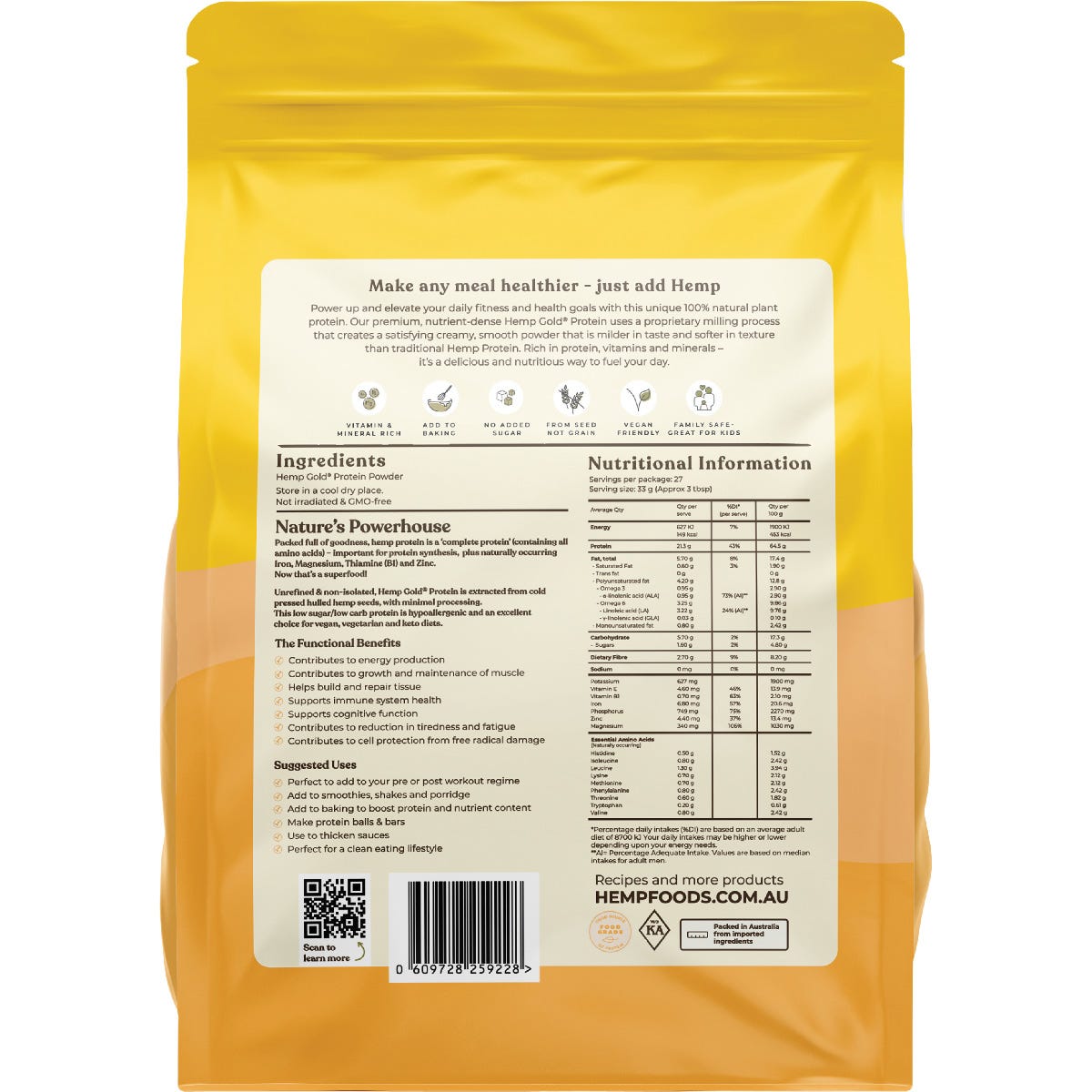 Hemp Foods Australia Organic Hemp Gold Protein 900g bag with 60% protein and omega 3, 6, and 9.