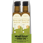 Side view of a 250ml Hemp Foods Australia Organic Hemp Gold Seed Oil bottle highlighting its cold-pressed benefits.