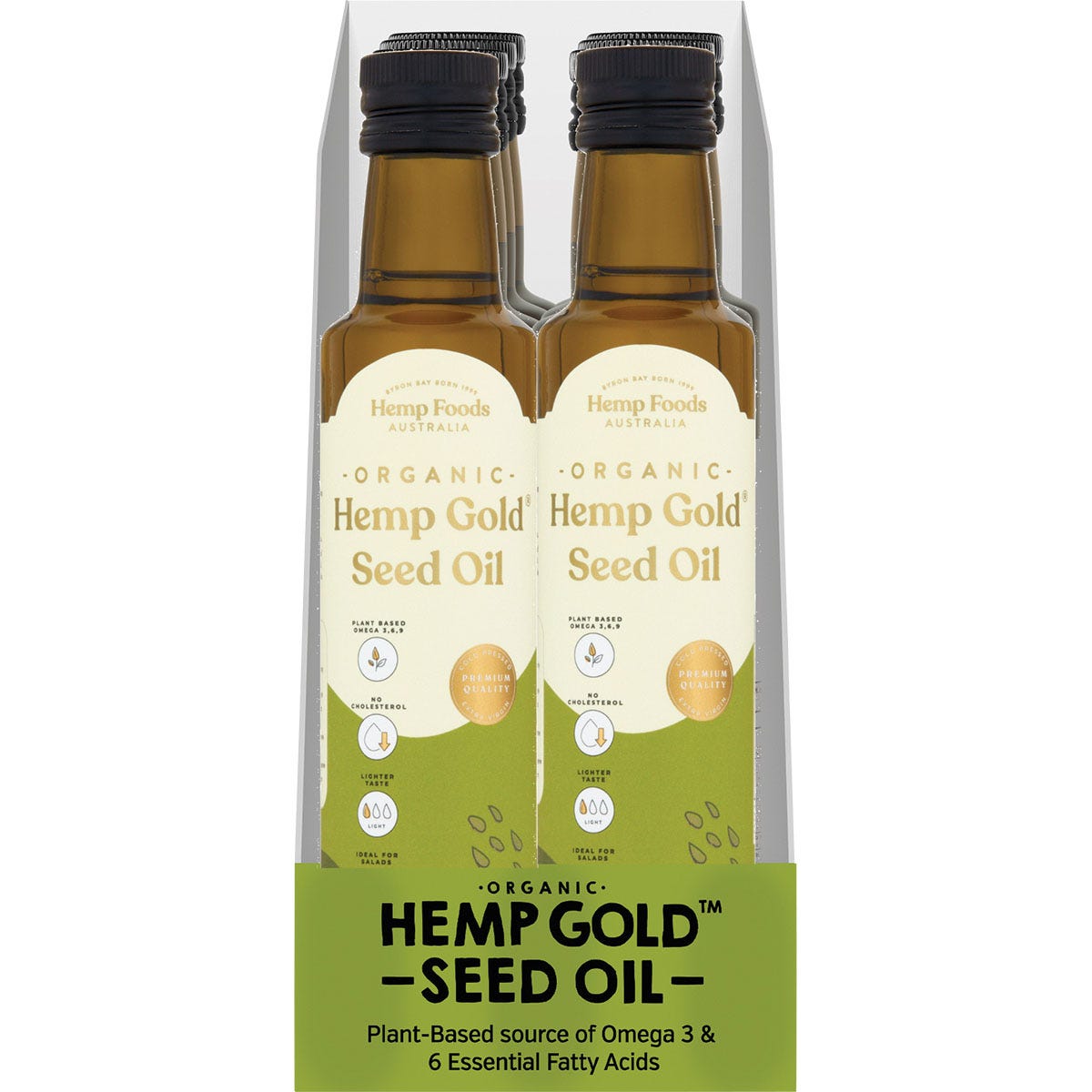 Side view of a 250ml Hemp Foods Australia Organic Hemp Gold Seed Oil bottle highlighting its cold-pressed benefits.