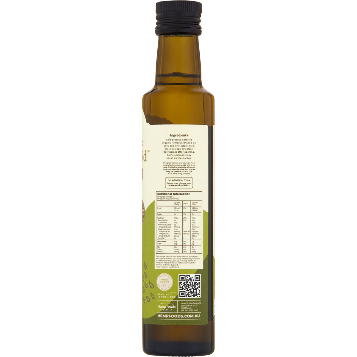 Back of Hemp Foods Australia Organic Hemp Gold Seed Oil bottle showing nutrition facts, ingredients, and usage instructions.