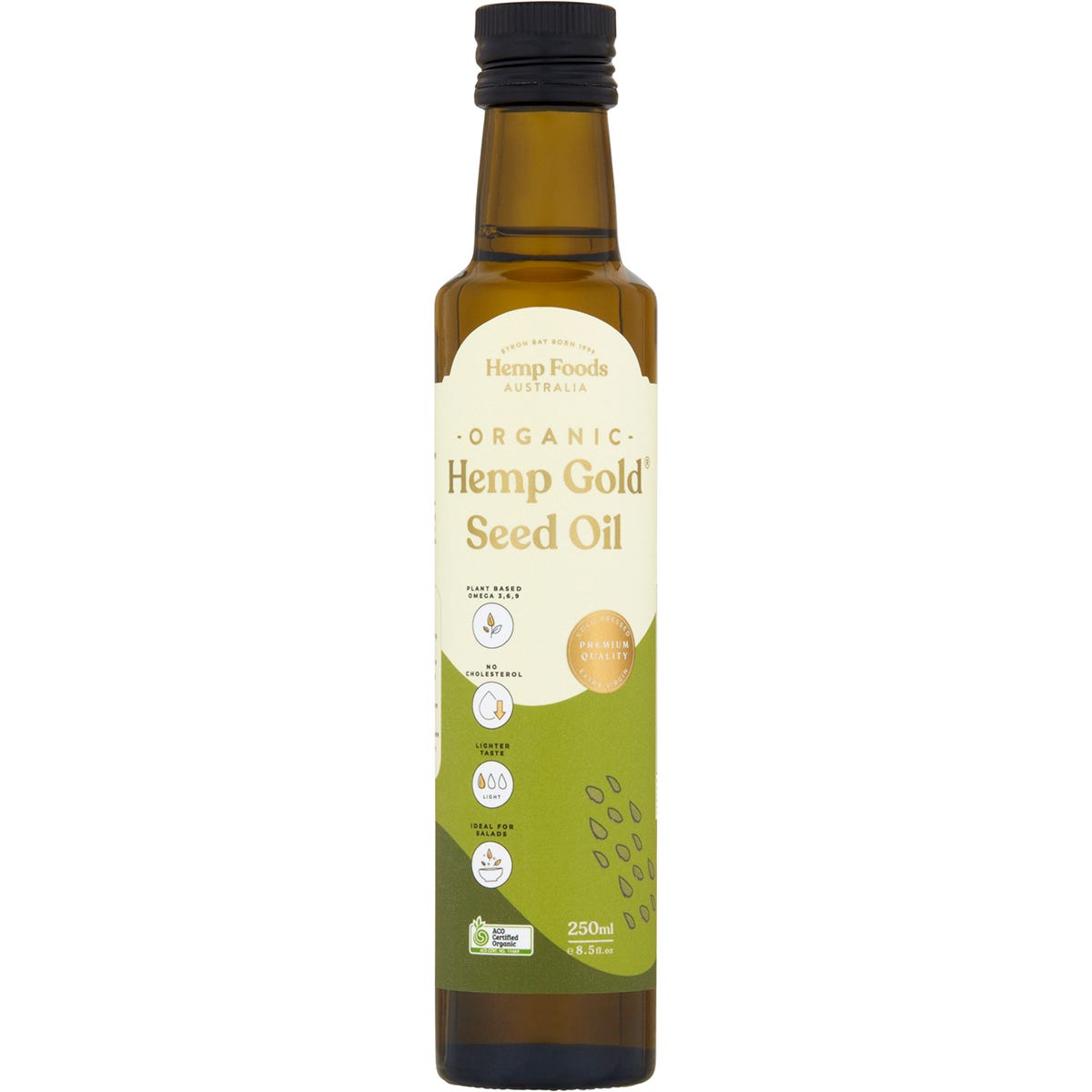 Six 250ml bottles of Hemp Foods Australia Organic Hemp Gold Seed Oil, a plant-based source of Omega 3, 6, and 9.