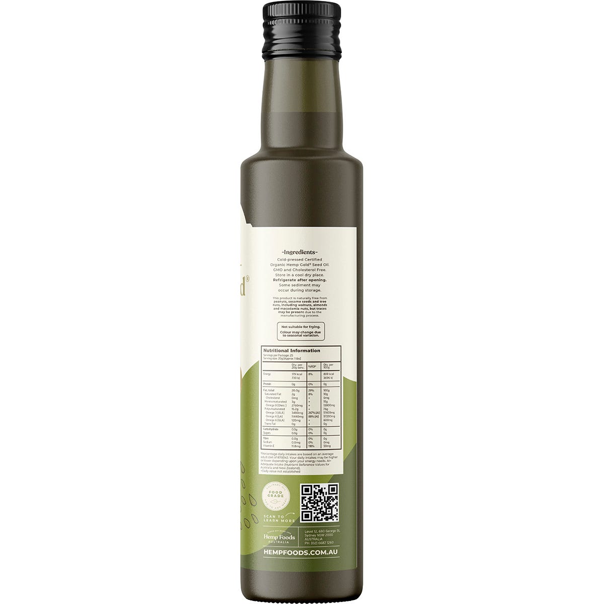 500ml bottle of Hemp Foods Australia Organic Hemp Gold Seed Oil with Omega 3, 6, and 9 on a white background.