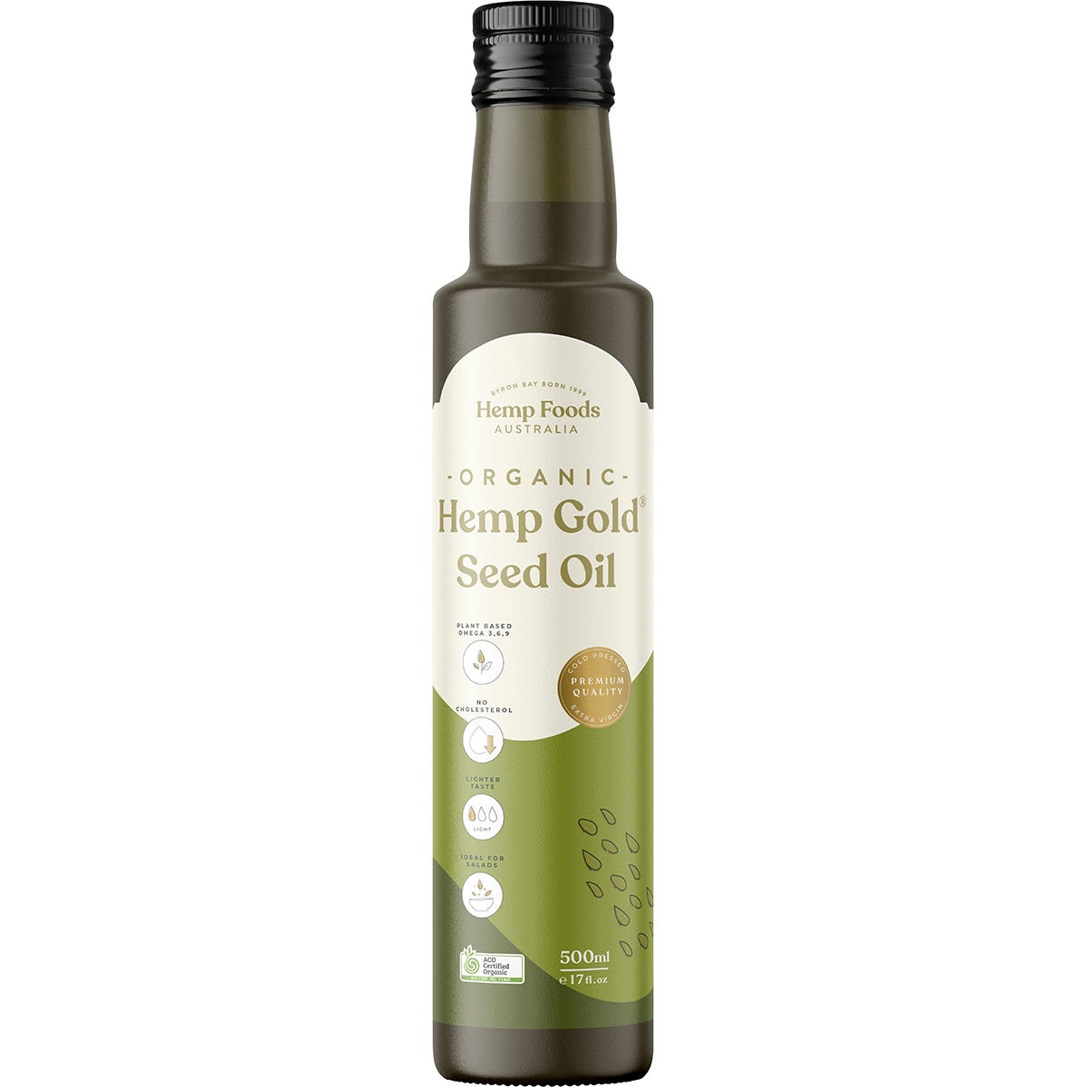 500ml bottle of Hemp Foods Australia Organic Hemp Gold Seed Oil with Omega 3, 6, and 9 on a white background.