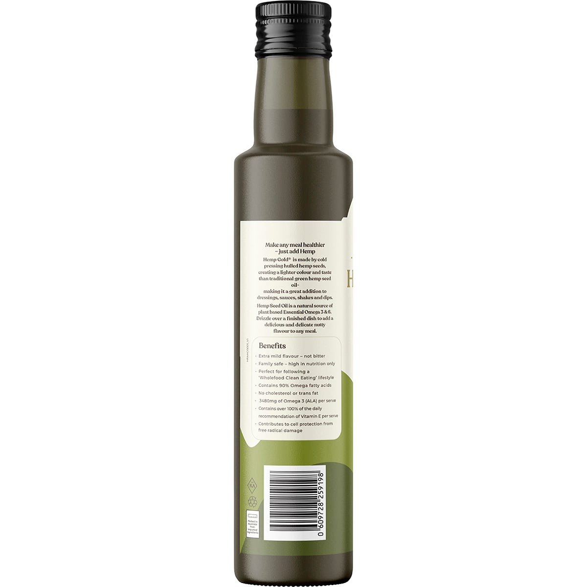 500ml bottle of Hemp Foods Australia Organic Hemp Gold Seed Oil with Omega 3, 6, and 9 on a white background.